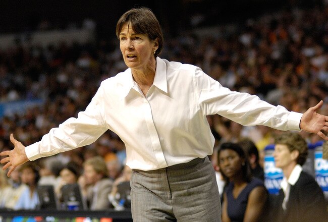 TAMPA, FL - APRIL 08:  Tara VanDerveer of the Stanford Cardinal reacts as she coaches against the Tennessee Lady Volunteers during the National Championsip Game of the 2008 NCAA Women's Final Four at St. Pete Times Forum April 8, 2008 in Tampa, Florida. Tennessee won 64-48. (Photo by Al Messerschmidt/Getty Images)
