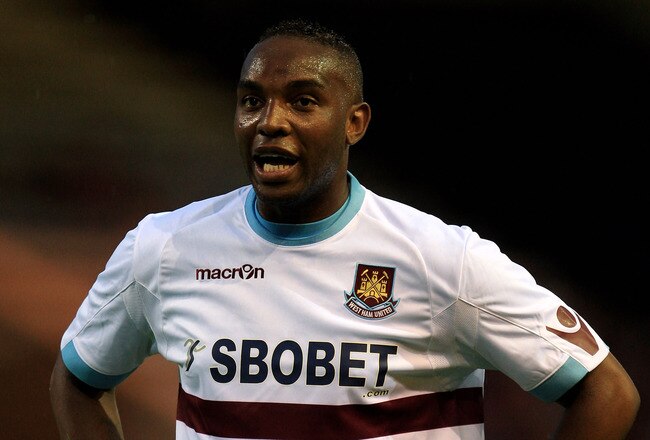 PETERBOROUGH, ENGLAND - JULY 14:  Benni McCarthy of West Ham in action during the pre-season friendly match between Peterborough United and  West Ham at London Road on July 14, 2010 in Peterborough, England.  (Photo by Mark Thompson/Getty Images)
