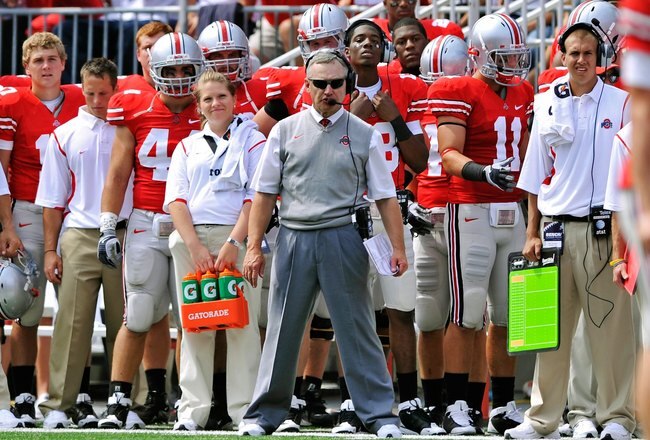 COLUMBUS, OH - SEPTEMBER 05:  Head coach Jim Tressel of the Ohio State Buckeyes watches from the sideline during a game against the Navy Midshipmen at Ohio Stadium on September 5, 2009 in Columbus, Ohio.  (Photo by Jamie Sabau/Getty Images)