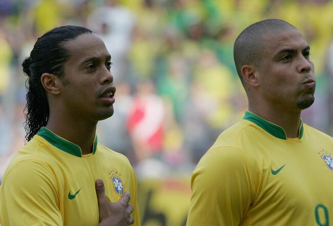 GENEVA - JUNE 04: Ronaldinho and Ronaldo of Brazil during the international friendly match between Brazil and New Zealand at the Stadium de Geneva on June 4, 2006 in Geneva , Switzerland.  (Photo by David Cannon/Getty Images)