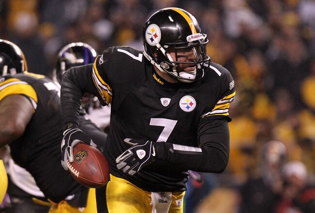 PITTSBURGH, PA - JANUARY 15:  Quarterback Ben Roethlisberger #7 of the Pittsburgh Steelers rolls out of the pocket against the Baltimore Ravens in the AFC Divisional Playoff Game at Heinz Field on January 15, 2011 in Pittsburgh, Pennsylvania.  (Photo by Nick Laham/Getty Images)