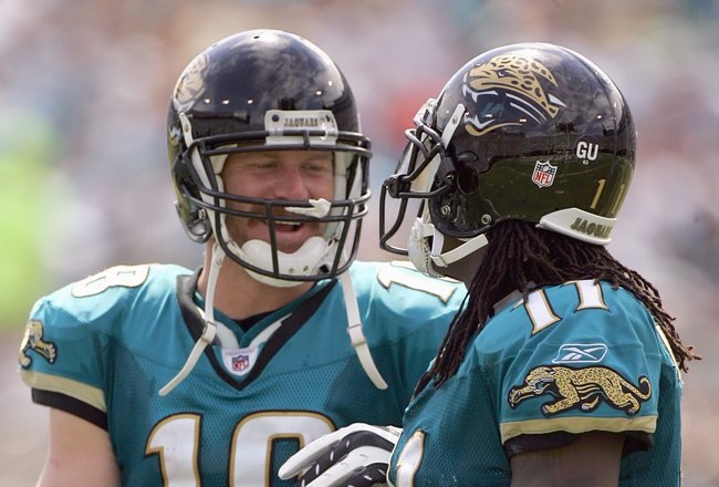 JACKSONVILLE, FL - SEPTEMBER 28:  Matt Jones #18 and Reggie Williams #11 of the Jacksonville Jaguars celebrate during the game against the Houston Texans at Jacksonville Municipal Stadium on September 28, 2008 in Jacksonville, Florida.  (Photo by Sam Greenwood/Getty Images)