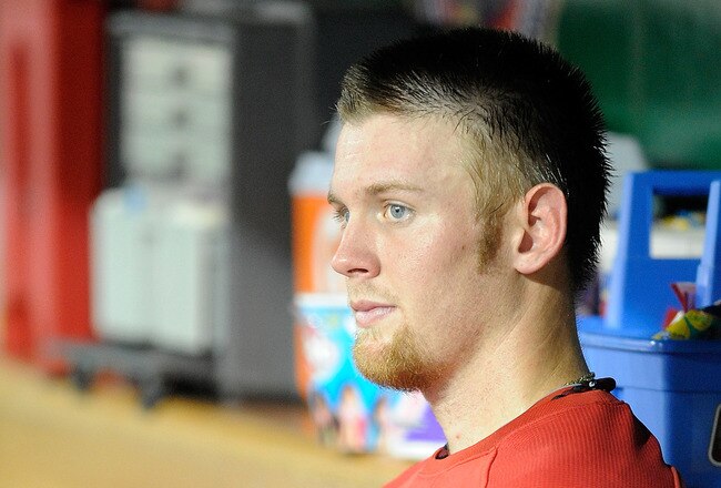 WASHINGTON - AUGUST 10:  Stephen Strasburg #37 of the Washington Nationals sits in the dugout during the sixth inning of the game against the Florida Marlins at Nationals Park on August 10, 2010 in Washington, DC.  (Photo by Greg Fiume/Getty Images)