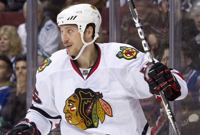 VANCOUVER, CANADA - NOVEMBER 20: Fernando Pisani #15 of the Chicago Blackhawks celebrates after scoring against the Vancouver Canucks during the third period in NHL action on November 20, 2010 at Rogers Arena in Vancouver, British Columbia, Canada.  (Photo by Rich Lam/Getty Images)