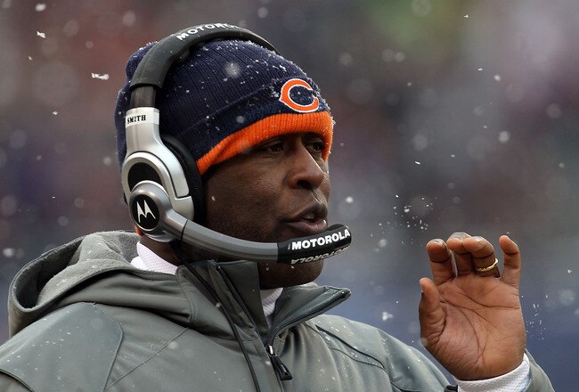 CHICAGO, IL - JANUARY 16:  Head coach Lovie Smith of the Chicago Bears looks on in the first half against the Seattle Seahawks in the 2011 NFC divisional playoff game at Soldier Field on January 16, 2011 in Chicago, Illinois.  (Photo by Jonathan Daniel/Getty Images)