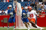 FOXBOROUGH, MA - MAY 23:  Jovan Miller #23 of the Syracuse University Orange presses goalie Rob Schoeder #15 and defender Steve Schoeffel #20 of the Duke University Blue Devils during the semifinal round of NCAA Division I Lacrosse Championship at Gillette Stadium May 23, 2009 in Foxborough, Massachusetts.  (Jim Rogash/Getty Images for Reebok)