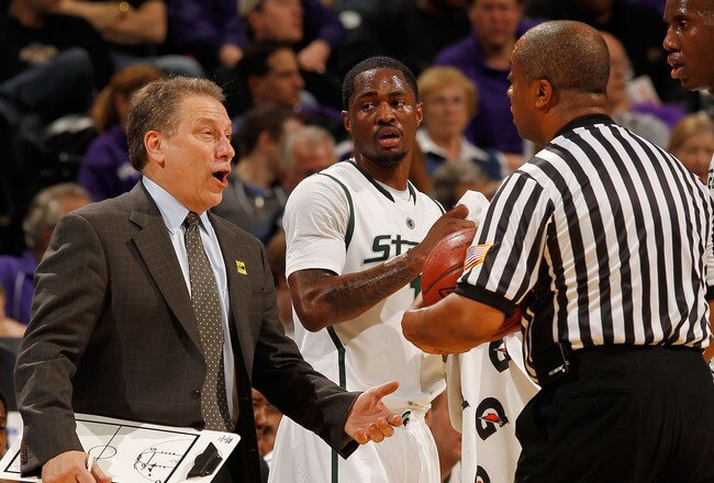 INDIANAPOLIS - MARCH 12:  Head coach Tom Izzo of the Michigan State Spartans speaks with an official during the game against the Minnesota Golden Gophers in the quarterfinals of the Big Ten Men's Basketball Tournament at Conseco Fieldhouse on March 12, 2010 in Indianapolis, Indiana.  (Photo by Jonathan Daniel/Getty Images)