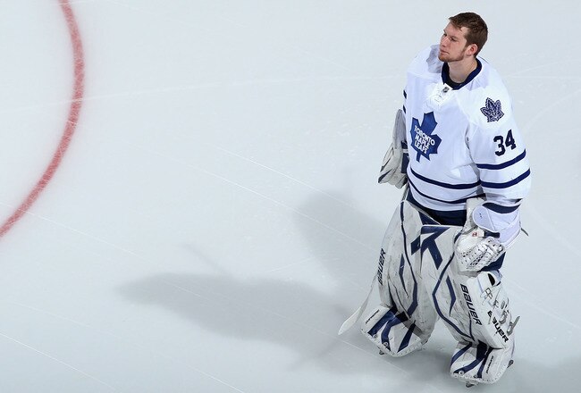 GLENDALE, AZ - JANUARY 13:  Goaltender James Reimer #34 of the Toronto Maple Leafs before the NHL game against the Phoenix Coyotes at Jobing.com Arena on January 13, 2011 in Glendale, Arizona. The Coyotes defeated the Maple Leafs 5-1.  (Photo by Christian Petersen/Getty Images)