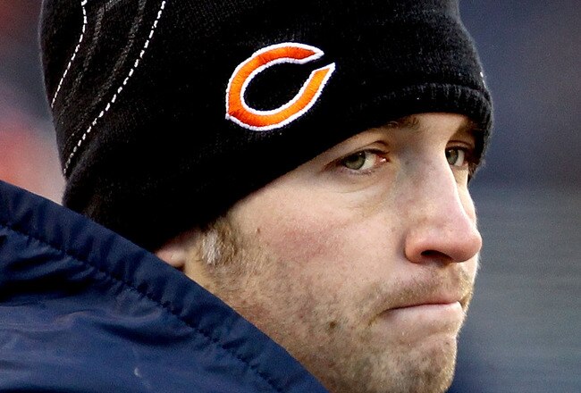 CHICAGO, IL - JANUARY 23:  Quarterback Jay Cutler #6 of the Chicago Bears on the sideline in the third quarter after leaving the game with an injury against the Green Bay Packers in the NFC Championship Game at Soldier Field on January 23, 2011 in Chicago, Illinois.  (Photo by Jonathan Daniel/Getty Images)