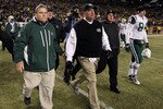 PITTSBURGH, PA - JANUARY 23:  Head coach Rex Ryan of the New York Jets walks off of the field dejected after their 24 to 19 loss to the Pittsburgh Steelers in the 2011 AFC Championship game at Heinz Field on January 23, 2011 in Pittsburgh, Pennsylvania.  (Photo by Al Bello/Getty Images)