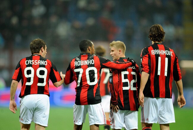 MILAN, ITALY - JANUARY 20:  Antonio Cassano, Robinho, Alexander Merkel and Zlatan Ibrahimovic of AC Milan celebrate scoring the first goal during the Tim Cup match between Milan and Bari at Giuseppe Meazza Stadium on January 20, 2011 in Milan, Italy.  (Photo by Claudio Villa/Getty Images)