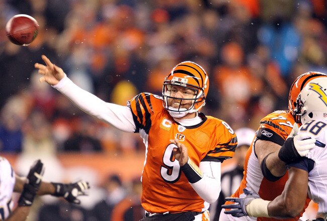 CINCINNATI - DECEMBER 26:  Carson Palmer #9 of the Cincinnati Bengals throws a pass during the NFL game against the San Diego Chargers at Paul Brown Stadium on December 26, 2010 in Cincinnati, Ohio. The Bengals 34-20.  (Photo by Andy Lyons/Getty Images)