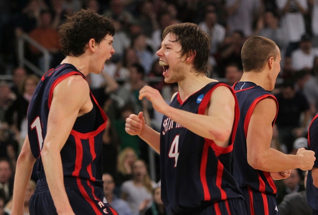 PROVIDENCE, RI - MARCH 20:  Clint Stiendl #11 and Matthew Dellavedova #4 of the Saint Mary' Gaels react in final moments of a won over the Villanova Wildcats during the second round of the 2010 NCAA men's tournament at Dunkin' Donuts Center on March 20, 2010 in Providence, Rhode Island. (Photo by Jim Rogash/Getty Images)