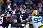 CHICAGO, IL - JANUARY 23:  Quarterback Jay Cutler #6 of the Chicago Bears throws the ball against the Green Bay Packers in the NFC Championship Game at Soldier Field on January 23, 2011 in Chicago, Illinois.  (Photo by Jonathan Daniel/Getty Images)