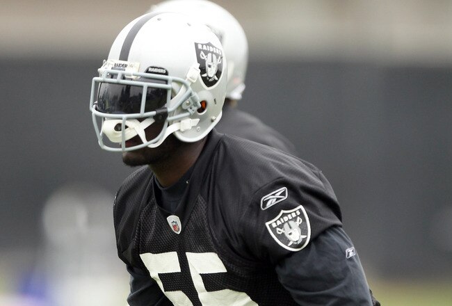 NAPA, CA - AUGUST 01:  Rolando McClain #55 of the Oakland Raiders works out during the Raiders training camp at their Napa Valley Training Complex on August 1, 2010 in Napa, California.  (Photo by Ezra Shaw/Getty Images)