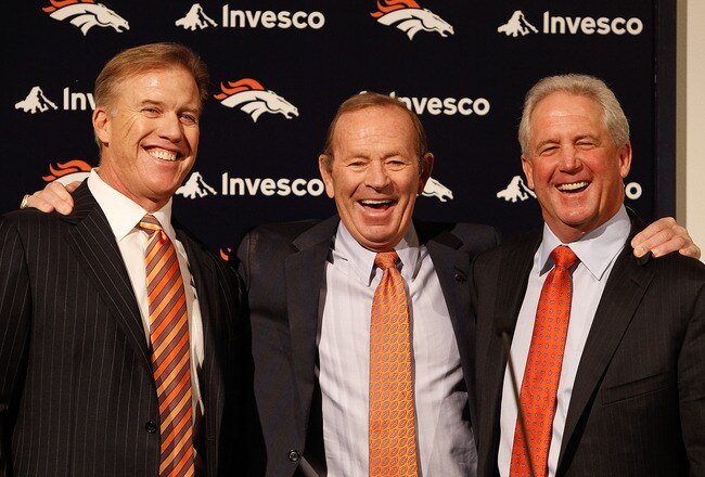 ENGLEWOOD, CO - JANUARY 14:  Denver Broncos vice president of football operations John Elway (L), owner Pat Bowlen and new head coach John Fox share a laugh before Fox addressed the media at Dove Valley on January 14, 2011 in Englewood, Colorado. Fox was named the 14th head coach in Broncos history yesterday after spending the last nine seasons as head coach of the Carolina Panthers. (Photo by Justin Edmonds/Getty Images)