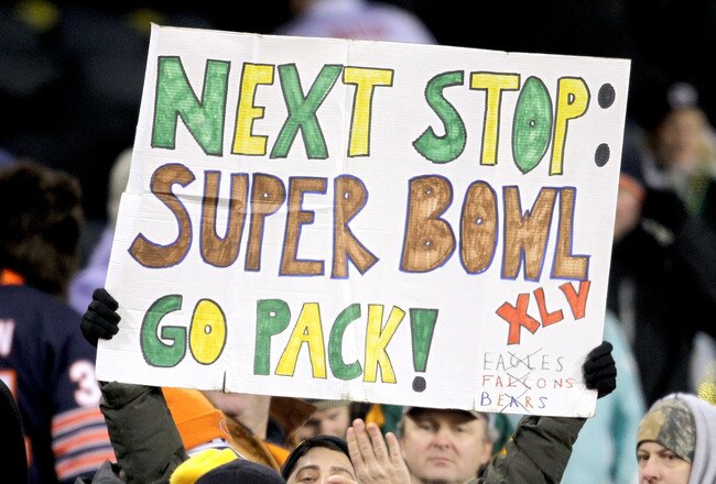 CHICAGO, IL - JANUARY 23:  Green Bay Packers fans hold up a Super Bowl sign after the Packers 21-14 victory against the Chicago Bears in the NFC Championship Game at Soldier Field on January 23, 2011 in Chicago, Illinois.  (Photo by Andy Lyons/Getty Images)