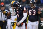 CHICAGO, IL - JANUARY 23:  Quarterback Jay Cutler #6 of the Chicago Bears reacts in the second quarter against the Green Bay Packers in the NFC Championship Game at Soldier Field on January 23, 2011 in Chicago, Illinois.  (Photo by Jonathan Daniel/Getty Images)