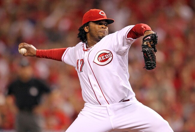 CINCINNATI - OCTOBER 10:  Johnny Cueto #47 of the Cincinnati Reds throws a pitch against the Philadelphia Phillies  during Game 3 of the NLDS at Great American Ball Park on October 10, 2010 in Cincinnati, Ohio.  (Photo by Andy Lyons/Getty Images)