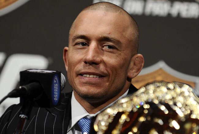 NEW YORK - MARCH 24:  Georges St-Pierre of Montreal, Quebec, Canada speaks at a press conference for UFC 111 at Radio City Music Hall on March 24, 2010 in New York City.  St-Pierre will face Dan Hardy of Nottingham UK in the Welterweight title bout. (Photo by Jeff Zelevansky/Getty Images)