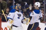 VANCOUVER, CANADA - DECEMBER 5: Goalie Jaroslav Halak #41 of the St Louis Blues is congratulated by Alex Pietrangelo #27 after defeating the Vancouver Canucks 3-2 in NHL action on December 05, 2010 at Rogers Arena in Vancouver, BC, Canada.  (Photo by Rich Lam/Getty Images)