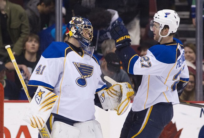 VANCOUVER, CANADA - DECEMBER 5: Goalie Jaroslav Halak #41 of the St Louis Blues is congratulated by Alex Pietrangelo #27 after defeating the Vancouver Canucks 3-2 in NHL action on December 05, 2010 at Rogers Arena in Vancouver, BC, Canada.  (Photo by Rich Lam/Getty Images)