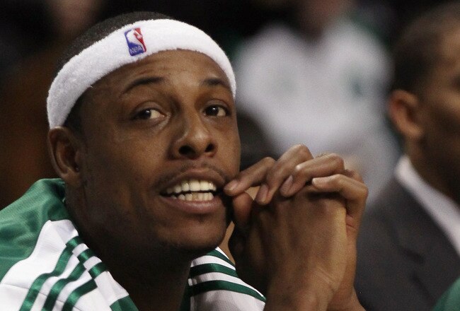 BOSTON, MA - DECEMBER 16:  Paul Pierce #34 of the Boston Celtics looks on from the bench in the first half against the Atlanta Hawks on December 16, 2010 at the TD Garden in Boston, Massachusetts. NOTE TO USER: User expressly acknowledges and agrees that, by downloading and/or using this Photograph, User is consenting to the terms and conditions of the Getty Images License Agreement.  (Photo by Elsa/Getty Images)