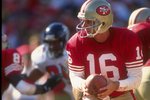 23 Sep 1990:  Quarterback Joe Montana #16 of the San Francisco 49ers stares into the backfield as he turns to hand off the football to his running back during a play in the 49ers 19-13 victory over the Atlanta Falcons at Candlestick Park in San Francisco,
