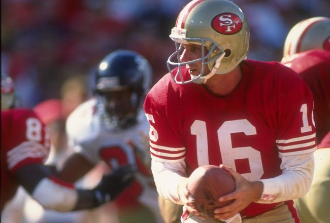 23 Sep 1990:  Quarterback Joe Montana #16 of the San Francisco 49ers stares into the backfield as he turns to hand off the football to his running back during a play in the 49ers 19-13 victory over the Atlanta Falcons at Candlestick Park in San Francisco,