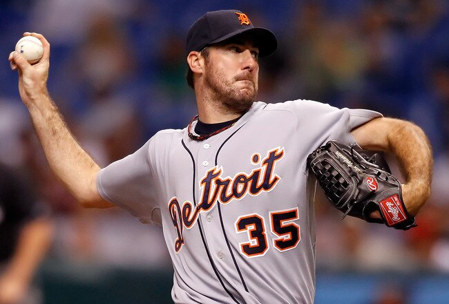 ST. PETERSBURG - JULY 27:  Pitcher Justin Verlander #35 of the Detroit Tigers pitches against the Tampa Bay Rays during the game at Tropicana Field on July 27, 2010 in St. Petersburg, Florida.  (Photo by J. Meric/Getty Images)