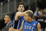 KANSAS CITY, MO - NOVEMBER 23:  Ryan Kelly #34 of the Duke Blue Devils congratulates Seth Curry #30 after scoring during the CBE Classic championship game against the Kansas State Wildcats on November 23, 2010 at the Sprint Center in Kansas City, Missouri.  (Photo by Jamie Squire/Getty Images)