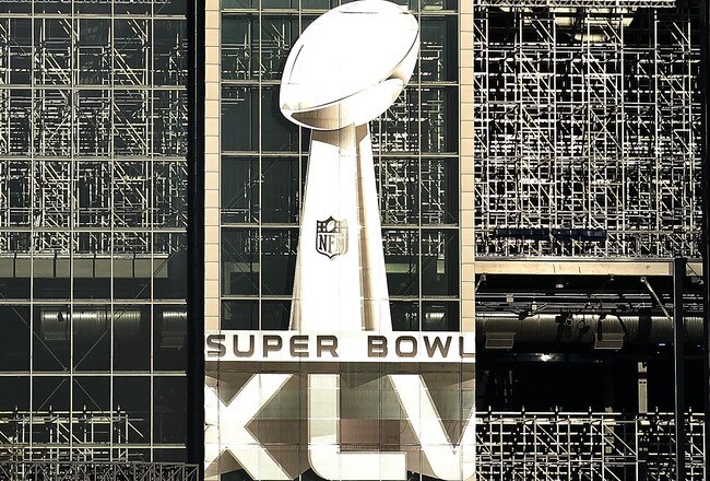 ARLINGTON, TX - JANUARY 27:  The logo for Super Bowl XLV outside of Cowboys Stadium on January27, 2011 in Arlington, Texas.  Cowboys Stadium will host Super Bowl XLV on February 6, 2011 between the Pittsburgh Steelers and the Green Bay Packers in Dallas, Texas.  (Photo by Ronald Martinez/Getty Images)
