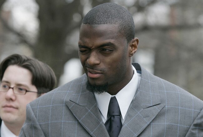 LEBANON - JANUARY 14: New York Giants wide receiver Plaxico Burress winks at a supporter as he arrives at the Lebanon County Courthouse January 14, 2009 in Lebanon, Pa.  Burress is scheduled to appear in a civil trial in a dispute with an automobile dealer over what he owes in damages to a vehicle supplied to him by the dealership. (Photo by Chris Gardner/Getty Images)
