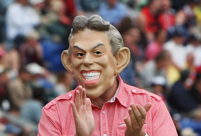 CARDIFF, WALES - JULY 09: A supporter wears a mask of former Prime Minister Tony Blair during day two of the npower 1st Ashes Test Match between England and Australia at the SWALEC Stadium on July 9, 2009 in Cardiff, Wales.  (Photo by Hamish Blair/Getty Images)