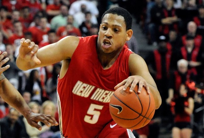 LAS VEGAS - FEBRUARY 10:  Dairese Gary #5 of the New Mexico Lobos drives against the UNLV Rebels during their game at the Thomas & Mack Center February 10, 2010 in Las Vegas, Nevada. The Lobos won 76-66.  (Photo by Ethan Miller/Getty Images)