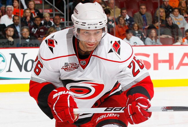 PHILADELPHIA - NOVEMBER 01:  Erik Cole #26 of the Carolina Hurricanes skates against the Philadelphia Flyers on November 1, 2010 at the Wells Fargo Center in Philadelphia, Pennsylvania. Flyers defeat the Hurricanes 3-2.  (Photo by Mike Stobe/Getty Images)
