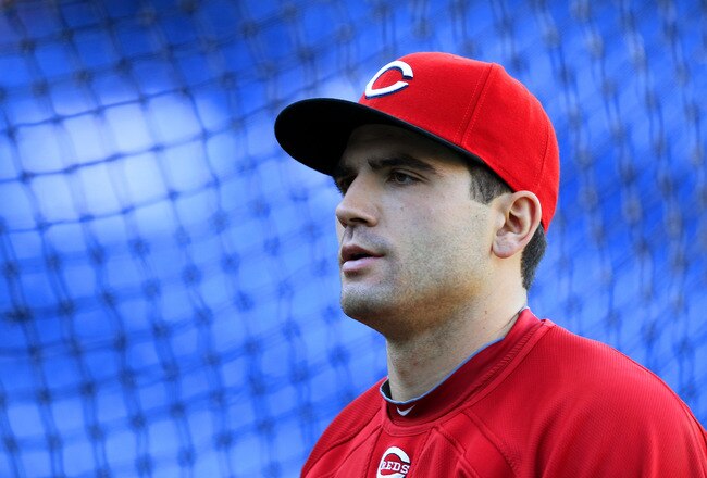 PHILADELPHIA - OCTOBER 08: Joey Votto #19 of the Cincinnati Reds takes batting practice before game 2 of the NLDS against the Philadelphia Phillies at Citizens Bank Park on October 8, 2010 in Philadelphia, Pennsylvania.  (Photo by Chris Trotman/Getty Images)