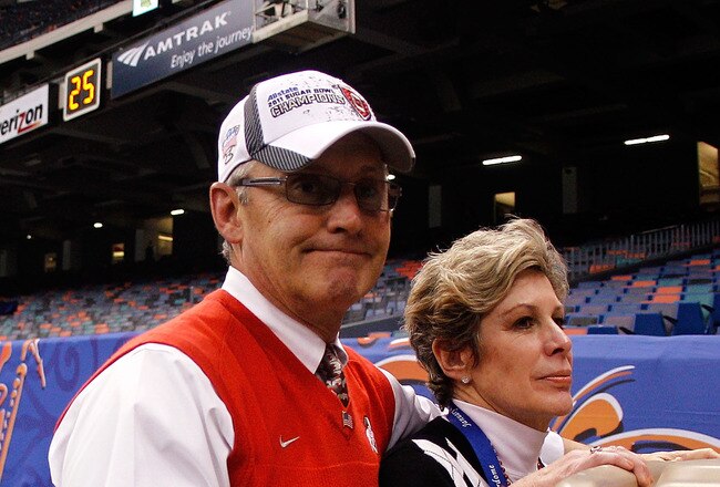 NEW ORLEANS, LA - JANUARY 04:  Head coach Jim Tressel of the Ohio State Buckeyes and wife Ellen Tressel are carted off the field after the Buckeyes 31-26 victory against the Arkansas Razorbacks during the Allstate Sugar Bowl at the Louisiana Superdome on January 4, 2011 in New Orleans, Louisiana.  (Photo by Chris Graythen/Getty Images)