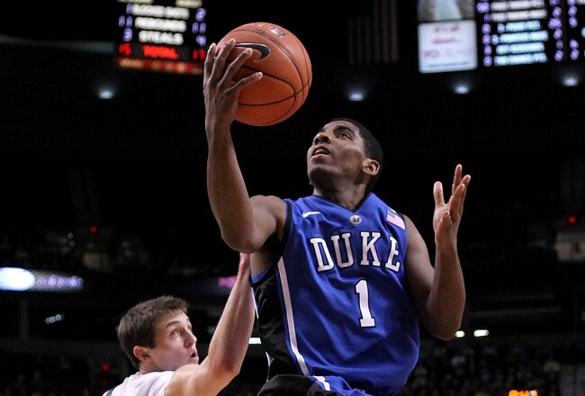 PORTLAND, OR - NOVEMBER 27:  Kyrie Irving #1 of the Duke Blue Devils goes for a layup against the Oregon Ducks on November 27, 2010 at the Rose Garden in Portland, Oregon.  (Photo by Jonathan Ferrey/Getty Images)