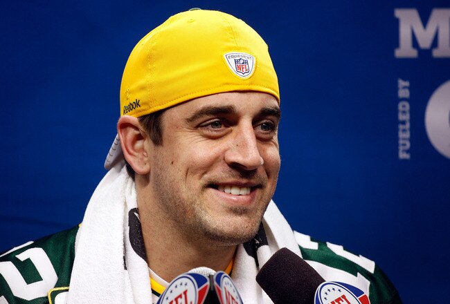 ARLINGTON, TX - FEBRUARY 01:  Quarterback Aaron Rodgers #12 of the Green Bay Packers speaks during Super Bowl XLV Media Day ahead of Super Bowl XLV at Cowboys Stadium on February 1, 2011 in Arlington, Texas. The Pittsburgh Steelers will play the Green Bay Packers in Super Bowl XLV on February 6, 2011 at Cowboys Stadium.  (Photo by Scott Halleran/Getty Images)