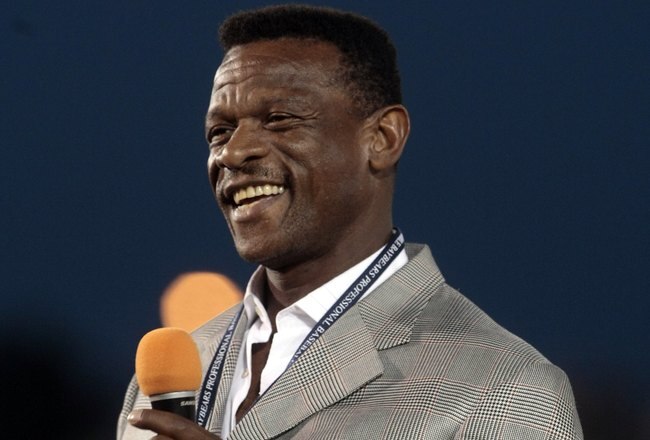 MOBILE, AL - APRIL 14: MLB Hall of Famer Rickey Henderson makes remarks during pre-game ceremonies following the opening the Hank Aaron Museum at the Hank Aaron Stadium on April 14, 2010 in Mobile, Alabama. (Photo by Dave Martin/Getty Images)