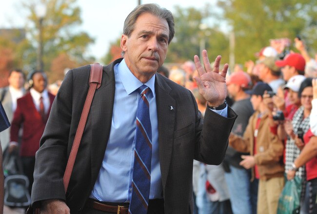 TUSCALOOSA, AL - NOVEMBER 13: Coach Nick Saban of the Alabama Crimson Tide enters the stadium before play against the Mississippi State Bulldogs November 13, 2010 at Bryant-Denny Stadium in Tuscaloosa, Alabama.  (Photo by Al Messerschmidt/Getty Images)