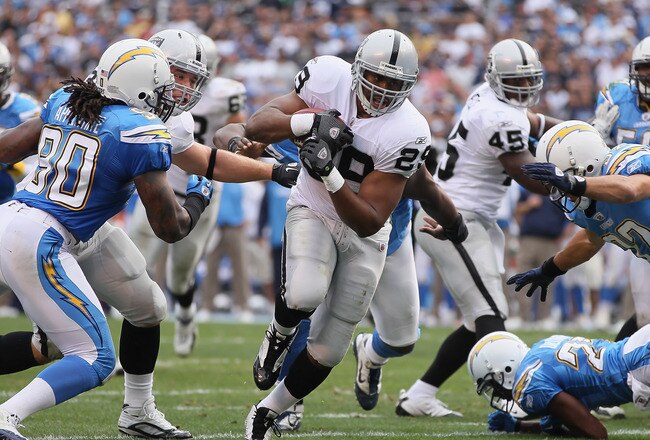 SAN DIEGO - DECEMBER 05:  Running back Michael Bush #29 of the Oakland Raiders carries the ball for a touchdown in the second quarter against the San Diego Chargers at Qualcomm Stadium on December 5, 2010 in San Diego, California. The Raiders defeated the Chargers 28-13.  (Photo by Jeff Gross/Getty Images)