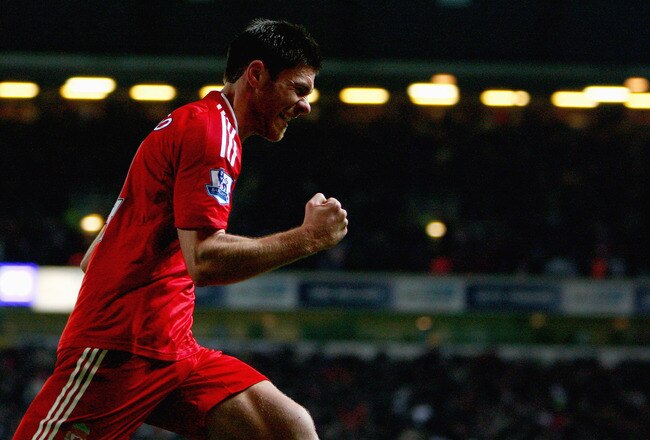 BLACKBURN, UNITED KINGDOM - DECEMBER 06:  Xabi Alonso of Liverpool celebrates scoring the first goal during the Barclays Premier League match between Blackburn Rovers and Liverpool at Ewood Park on December 6, 2008 in Blackburn, England.  (Photo by Clive Brunskill/Getty Images)