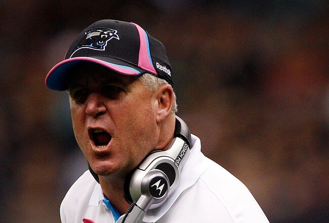 NEW ORLEANS - OCTOBER 03:  Head coach John Fox of the Carolina Panthers reacts to a call during the game against the New Orleans Saints at the Louisiana Superdome on October 3, 2010 in New Orleans, Louisiana.  (Photo by Chris Graythen/Getty Images)