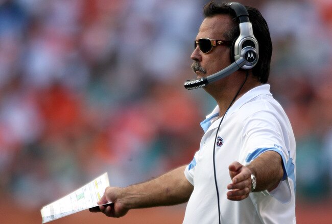 MIAMI - NOVEMBER 14:  Coach Jeff Fisher of the Tennessee Titans shouts against the Miami Dolphins at Sun Life Stadium on November 14, 2010 in Miami, Florida.  (Photo by Marc Serota/Getty Images)