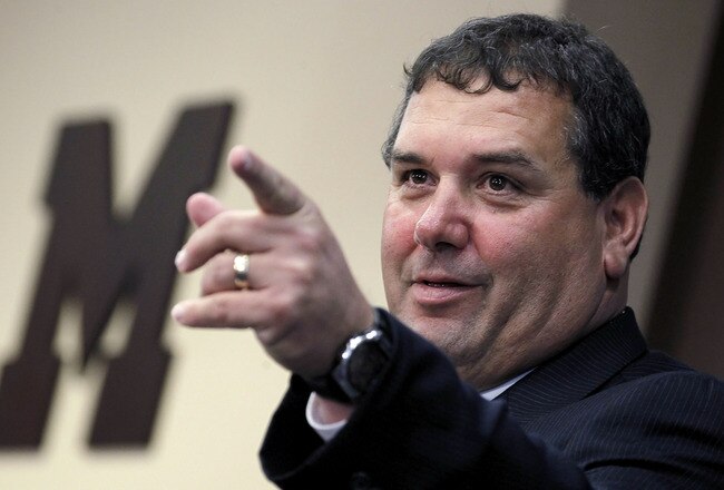 ANN ARBOR, MI - JANUARY 12:  New University of Michigan head football coach Brady Hoke speaks during his introductory press confrence at the Junge Family Champions Center on January 12, 2011 in Ann Arbor, Michigan.  (Photo by Gregory Shamus/Getty Images)