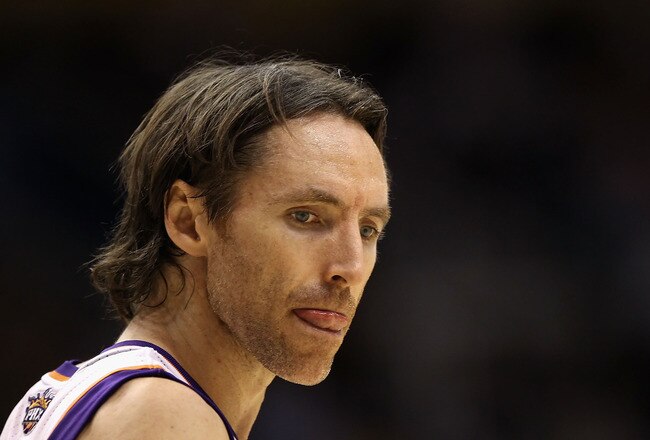 PHOENIX - DECEMBER 10:  Steve Nash #13 of the Phoenix Suns reacts during the NBA game against the Portland Trail Blazers at US Airways Center on December 10, 2010 in Phoenix, Arizona.  The Trail Blazers defeated the Suns 101-94. NOTE TO USER: User expressly acknowledges and agrees that, by downloading and or using this photograph, User is consenting to the terms and conditions of the Getty Images License Agreement.  (Photo by Christian Petersen/Getty Images)