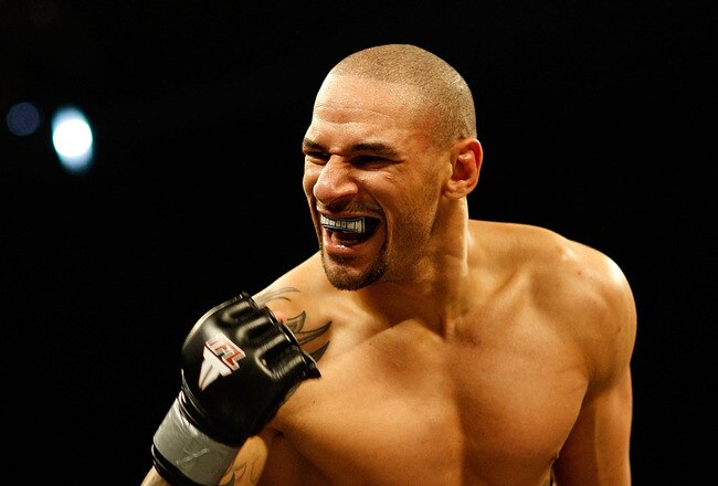 EAST RUTHERFORD, NJ - APRIL 04: Jay Hieron celebrates his win against Mark Miller at the International Fighting League at the Izod Center in East Rutherford, New Jersey on April 4, 2008.  (Photo by Nick Laham/Getty Images)