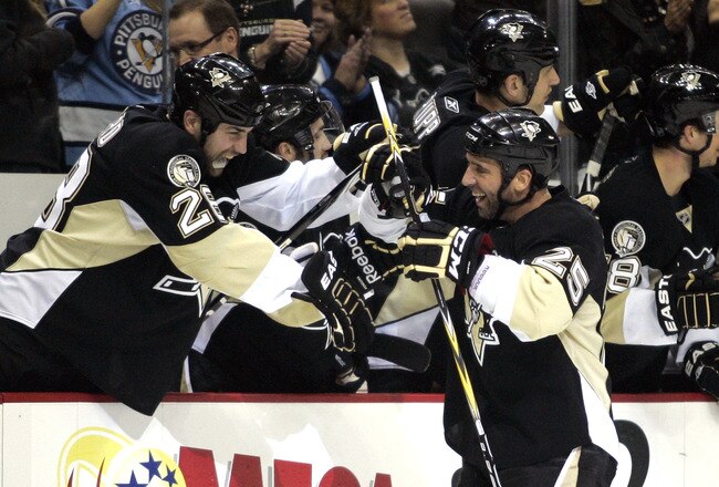 PITTSBURGH, PA - FEBRUARY 02:  Maxime Talbot #25 of the Pittsburgh Penguins celebrates his empty net goal against the New York Islanders at Consol Energy Center on February 2, 2011 in Pittsburgh, Pennsylvania.  The Penguins shut out the Islanders 3-0.  (Photo by Justin K. Aller/Getty Images)
